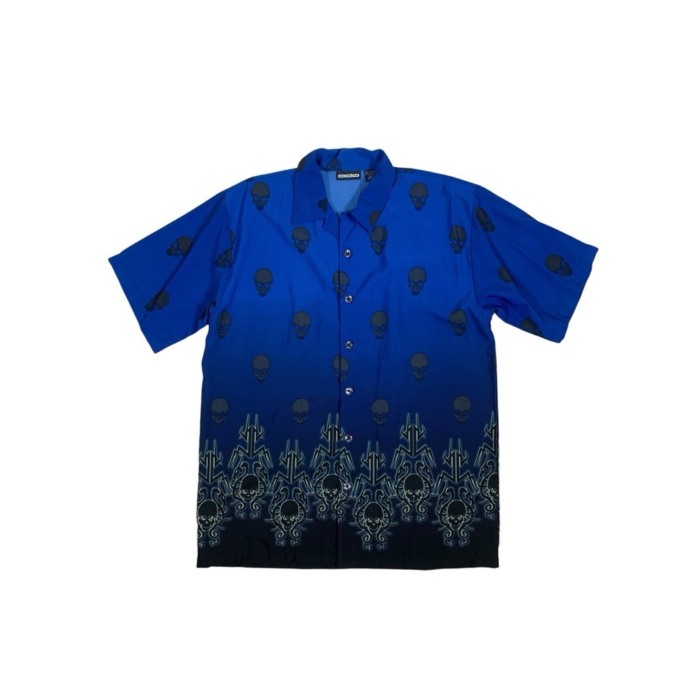 Odo Blue Skull Print Button Front Camp Shirt Large Y2K Gothic‎ Resort